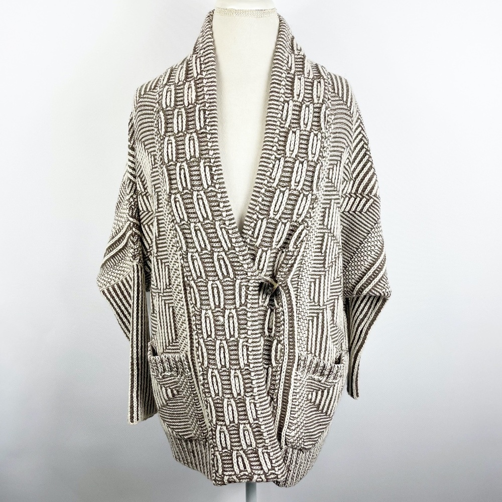 Sisters Ivory Taupe Mixed Knit Cardigan Toggle Sweater Pockets Size S/M Relaxed